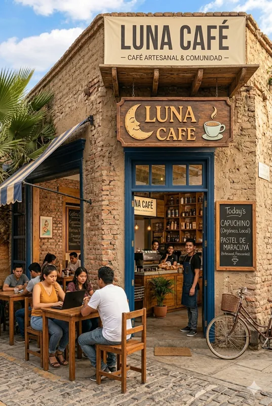 Fachada principal de Luna Café con mesas exteriores